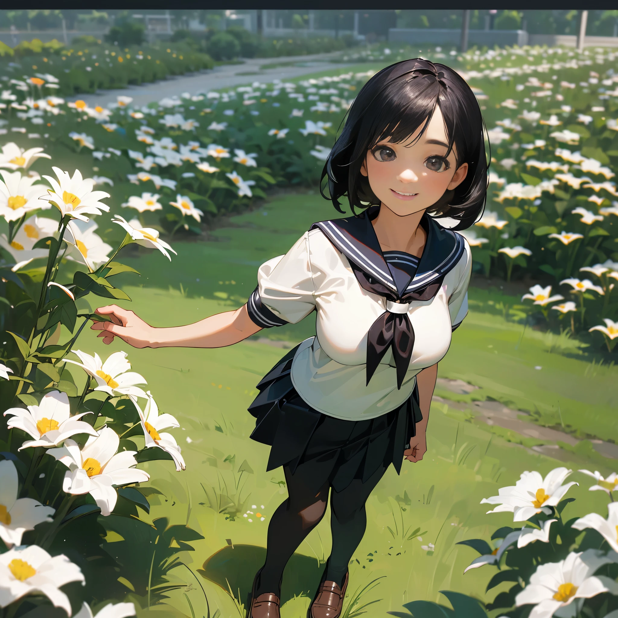 (Highest quality, High resolution, Super detailed, Realistic:1.37), Peaceful atmosphere, (Outdoor, garden), girl standing alone,(my breasts are big.),Beautifully detailed features, Cute Smile, ((Black bob hair)),Short-sleeved sailor uniform, Pleated skirt,Black tights,Brown leather shoes.