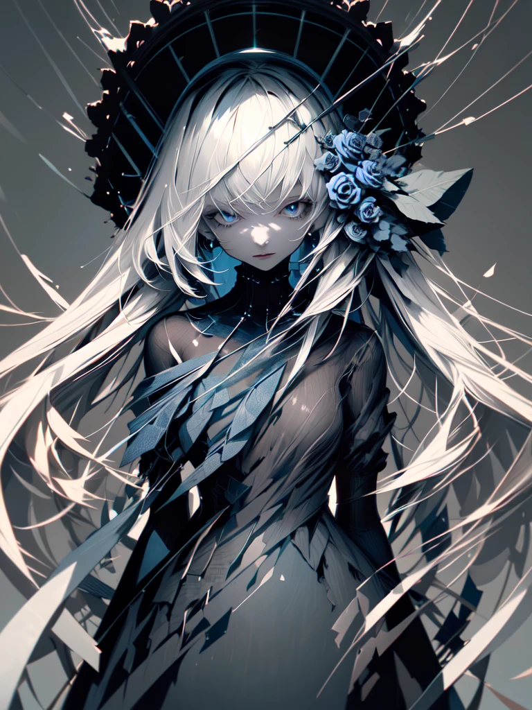 (masterpiece:1.2), highest quality, 1 female, alone, long long gray hair,   very long hair, bangs, (dark blue background:1.4), dark blue eyes, black bonnet with dark blue rose decoration, black gothic dress

