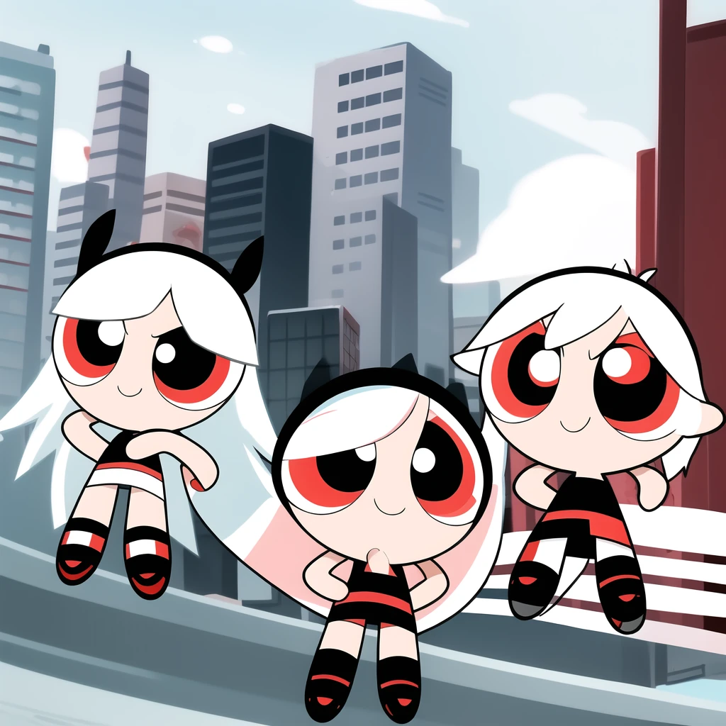 smile,chibi, full body, 1girl, white hair, red eyes, black short sleeve shirt, black shorts,