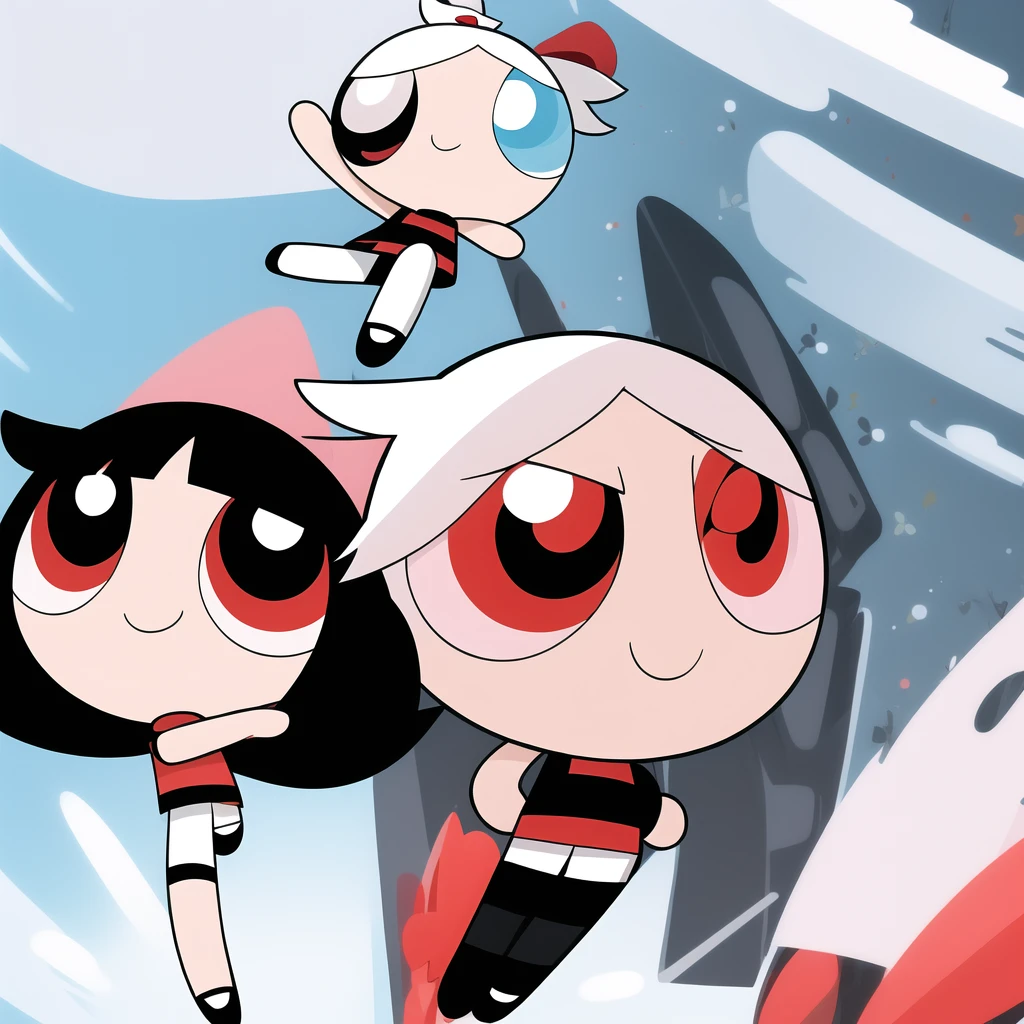 smile,chibi, full body, 1girl, white hair, red eyes, black short sleeve shirt, black shorts,
