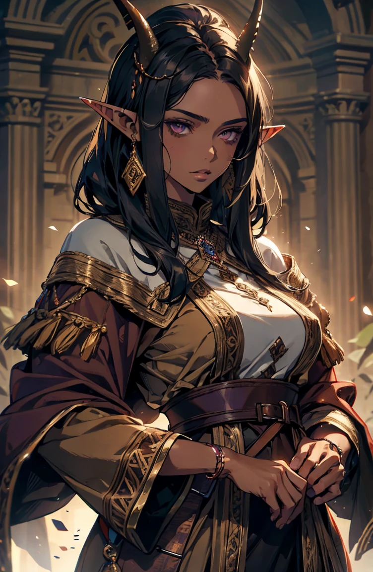 brown skin, older woman, sexy, tall, brown skin, one wing, black hair, elf, elf ears, horns, dark clothing, purple clothing