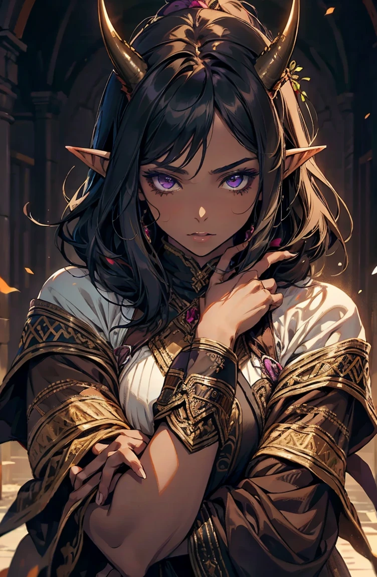 brown skin, older woman, sexy, tall, brown skin, one wing, black hair, elf, elf ears, horns, dark clothing, purple clothing