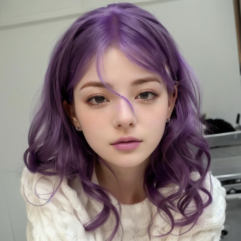 arafed girl with purple hair and a white sweater posing for a picture, purple skin color, flowing purple hair, ulzzang, Sakimichan, Kawaii realistic portrait, violet hair, violet color, purple hair, flowing purple hair, purple head, Purple color, long violet fur, long wavy purple hair, soft purple skin, violet skin, purple aesthetic