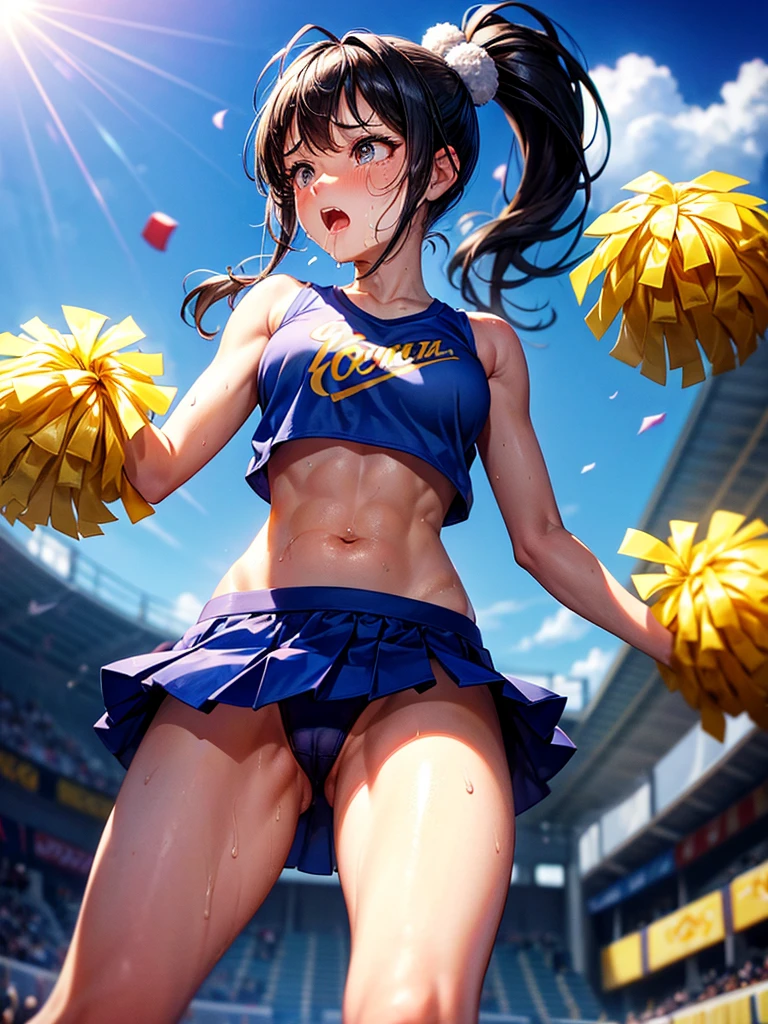 Highest quality,Highest Resolution,A beautiful girl with a crying face, a cheerleader with pom-poms,Sweat flying,Big eyes,Belly button,Underwear that becomes transparent due to sweat,Black hair ponytail,Abdominal muscles,Diagonally below,Arena,support,Outdoor,Sunshine,Open your mouth and drool,Dripping a lot of saliva,