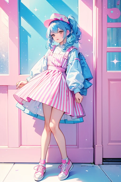 Independent Meow has glittery blue hair in the same style as Independent Queen, She has Mis-Match Pink and white shoes, she has an overall styled clothes that are white with pink stripes with blue glittery skirt and straps. She is a white cat with pink stripes, she has brown eyes and pink eye shadow. SPARKLE; GLITTER