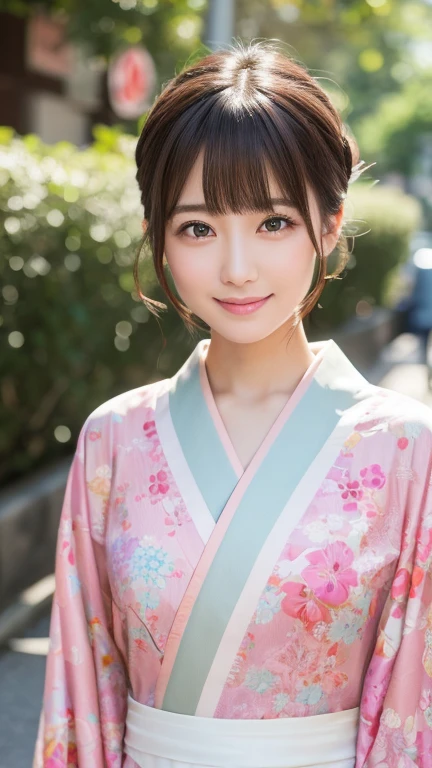 Highest quality、8k wallpaper、Reality:1.4、Photographed by a professional photographer、Photographed in natural light、View your viewers、background:Kyoto street corner、1 beautiful girl、Japanese Idol、30 years old、Beautifully detailed eyes、Detailed face、Beautiful Skin、Slender、Slim waist、Thin legs、Lip balm、Blonde: 1.8、Bobcut、Asymmetrical bangs、Hair decorated with elegant and delicate hairpins、A pink kimono with a vibrant traditional pattern:1.2 、smile:1.5
