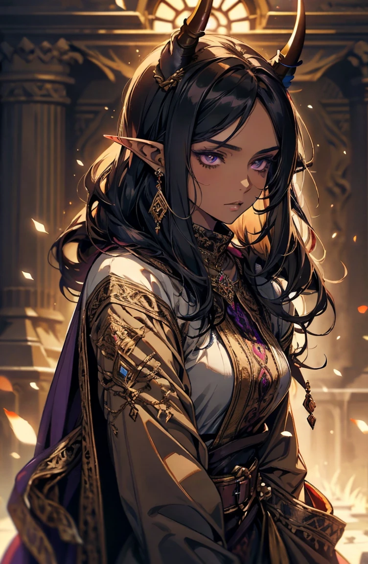 brown skin, older woman, sexy, tall, brown skin, one wing, black hair, , elf ears, horns, dark clothing, purple clothing