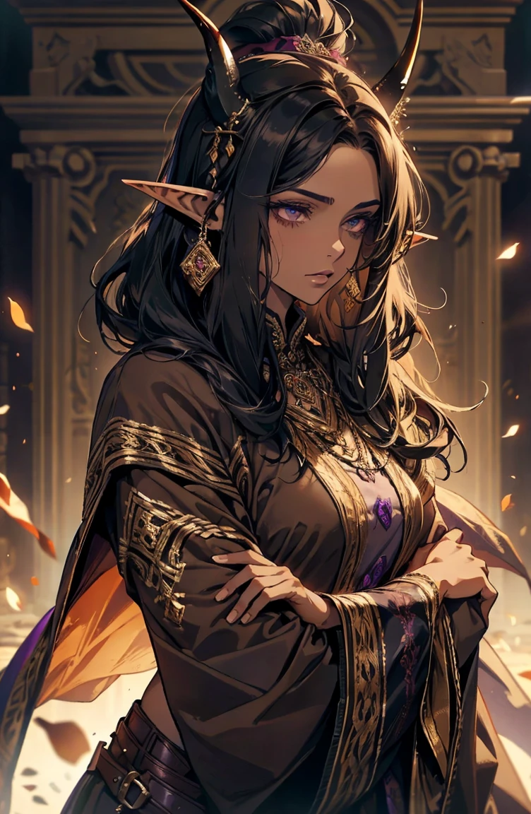 brown skin, older woman, sexy, tall, brown skin, one wing, black hair, , elf ears, horns, dark clothing, purple clothing