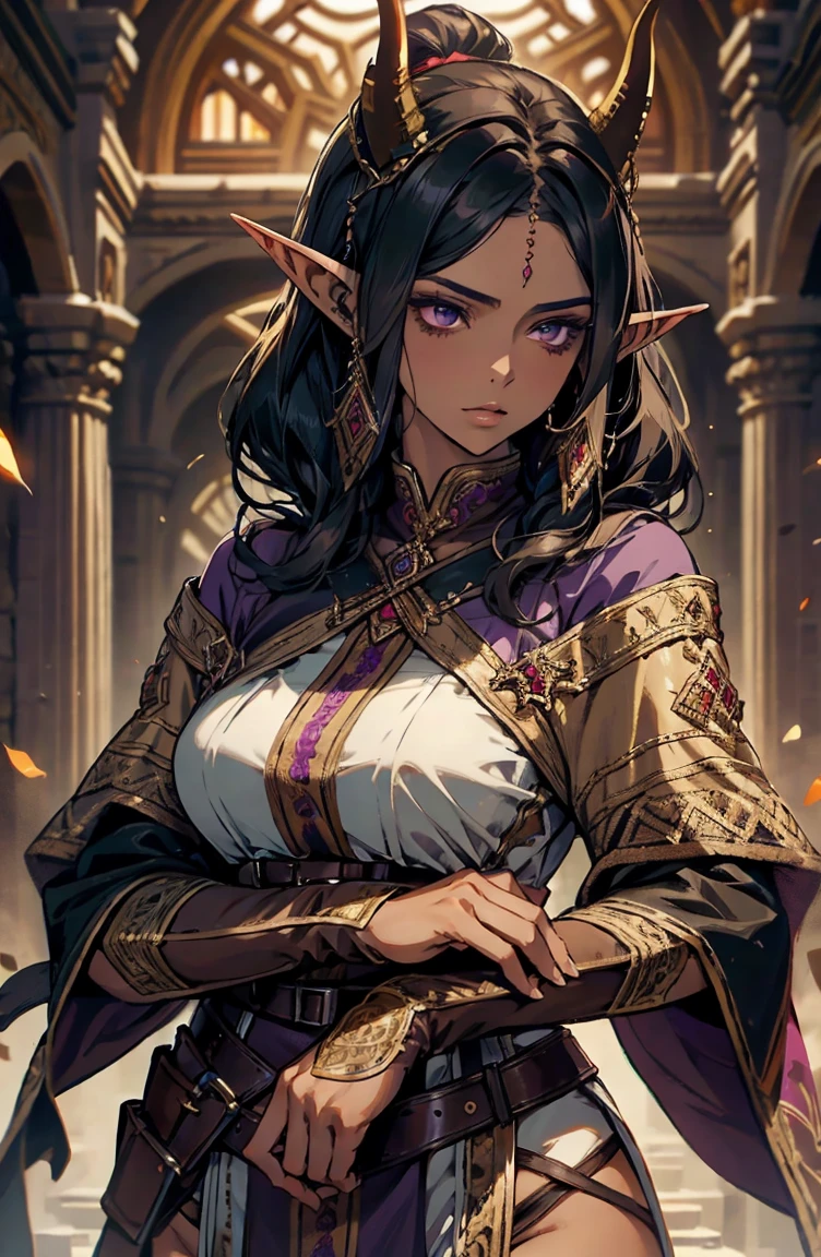 brown skin, older woman, sexy, tall, brown skin, one wing, black hair, elf, elf ears, horns, dark clothing, purple clothing