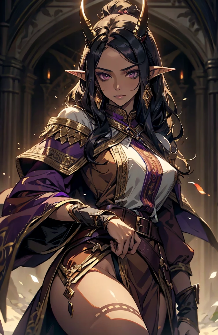 brown skin, older woman, sexy, tall, brown skin, one wing, black hair, elf, elf ears, horns, dark clothing, purple clothing