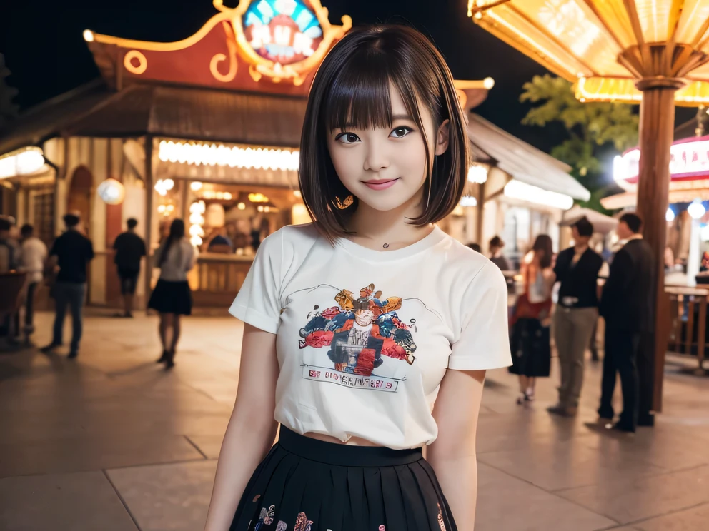 Portray a person with a cute hairstyle, sporting a sweet smile, while enjoying a candy apple, all depicted in the style of Japanese photography with hyper-realistic portraits. Dress the individual as a cheerleader and incorporate instruments typically used in an orchestra. Utilize a local cityscape as the background and experiment with shades and out-of-focus elements using an instant camera