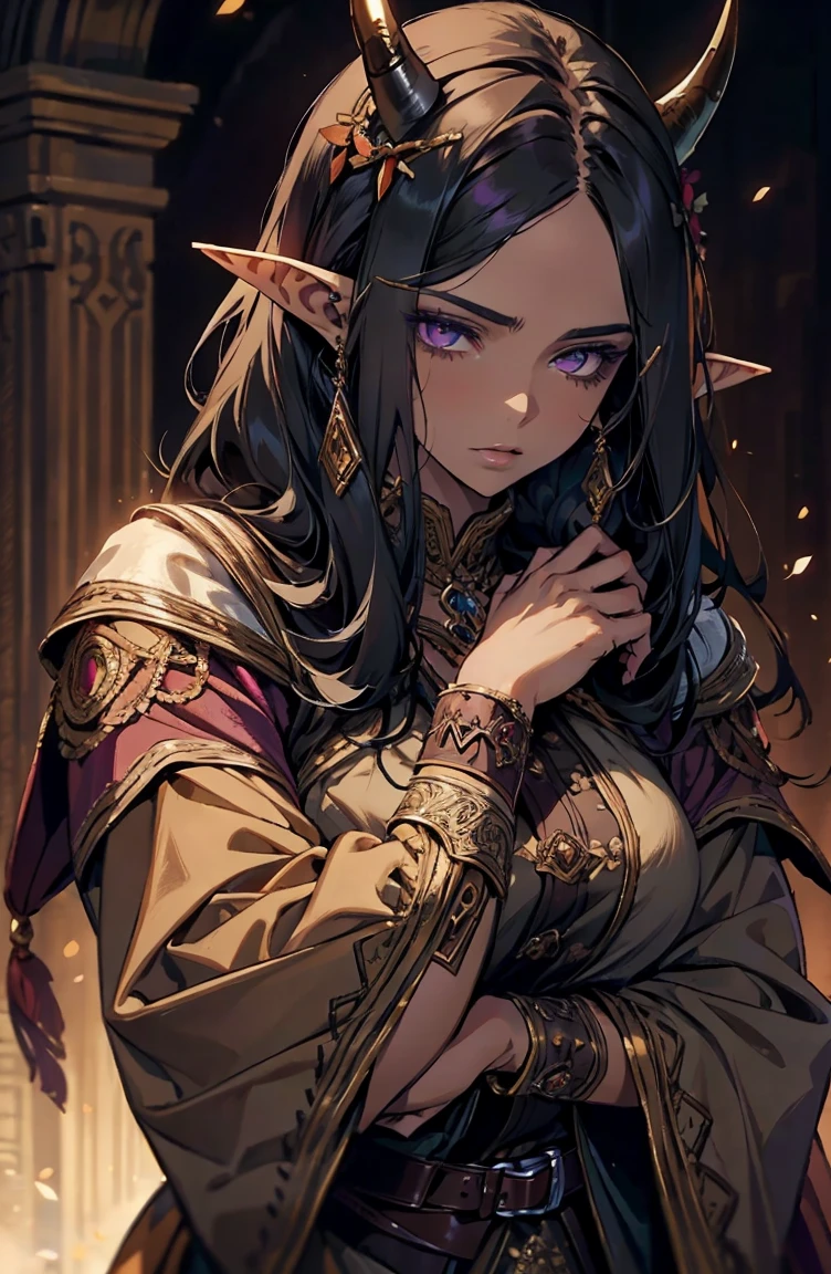 brown skin, older woman, sexy, tall, brown skin, one wing, black hair, elf, elf ears, horns, dark clothing, purple clothing