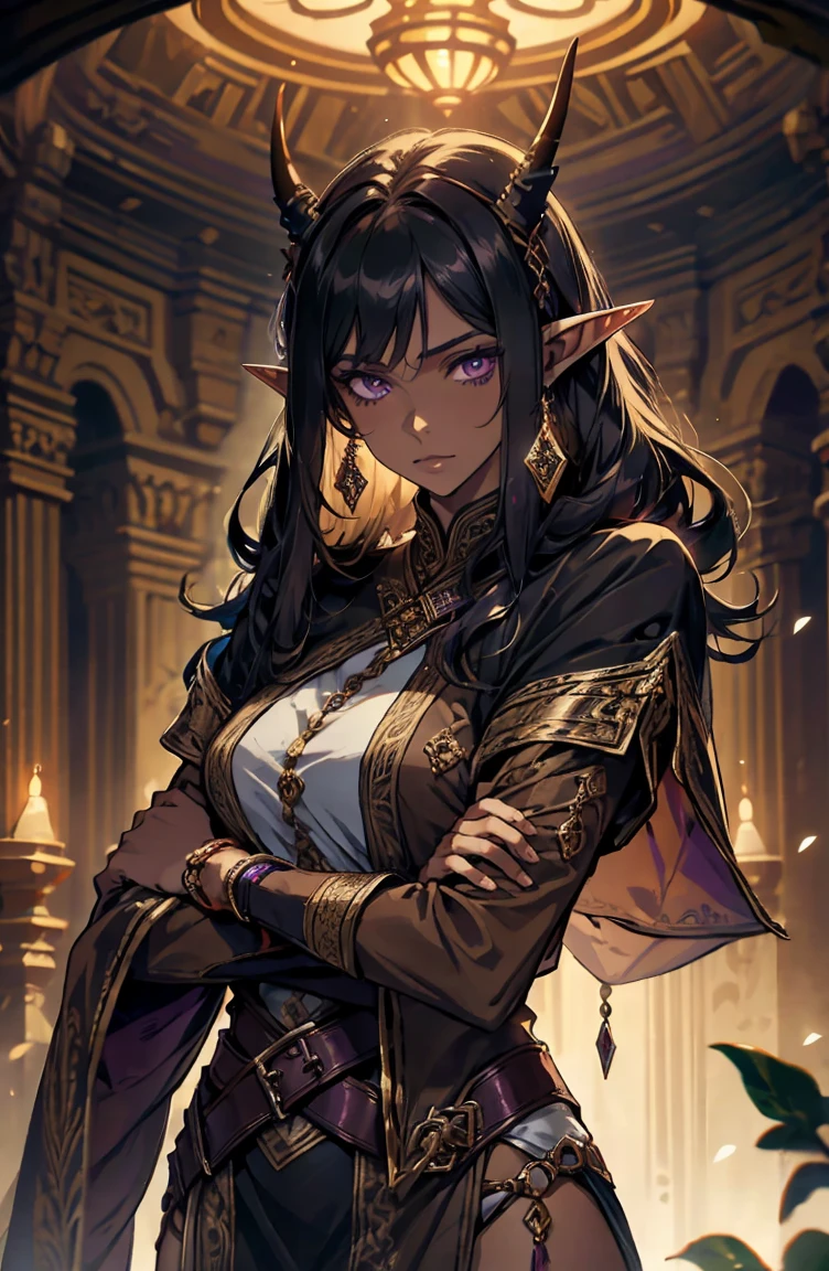 brown skin, older woman, sexy, tall, brown skin, one wing, black hair, elf, elf ears, horns, dark clothing, purple clothing