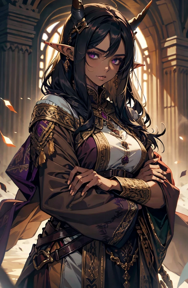 brown skin, older woman, sexy, tall, brown skin, one wing, black hair, elf, elf ears, horns, dark clothing, purple clothing