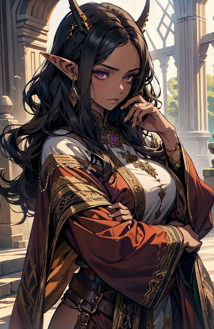 brown skin, older woman, y, tall, brown skin, one wing, black hair, elf, elf ears, horns, dark clothing, purple clothing