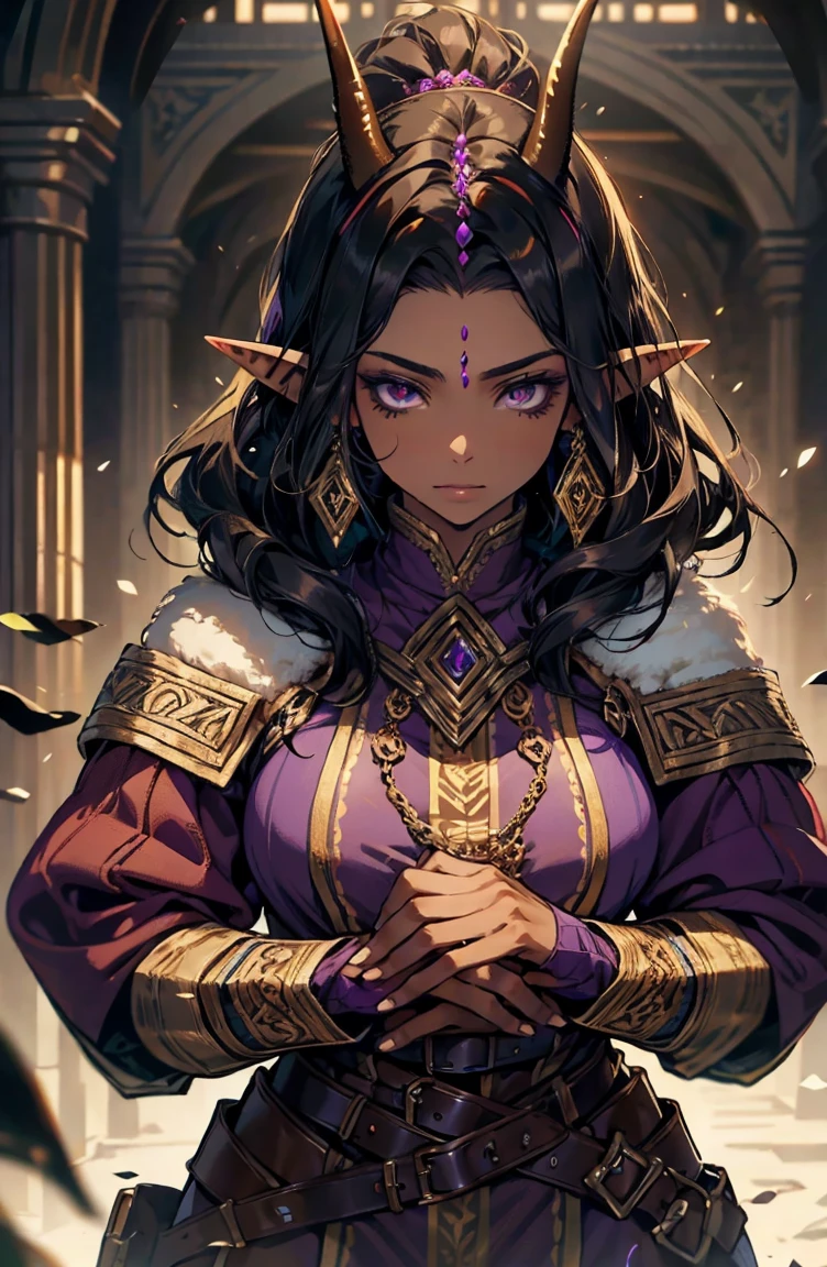 brown skin, older woman, sexy, tall, brown skin, one wing, black hair, elf, elf ears, horns, dark clothing, purple clothing