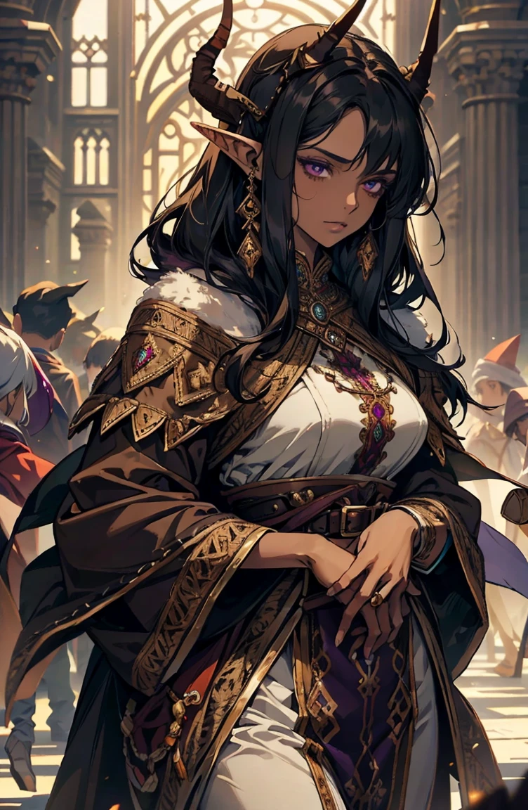 brown skin, older woman, sexy, tall, brown skin, one wing, black hair, elf, elf ears, horns, dark clothing, purple clothing