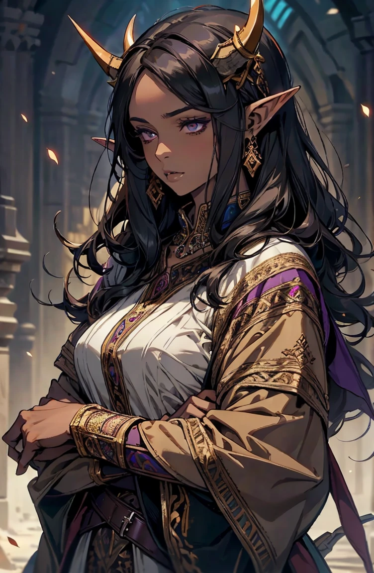 brown skin, older woman, , tall, brown skin, one wing, black hair, elf, elf ears, horns, dark clothing, purple clothing