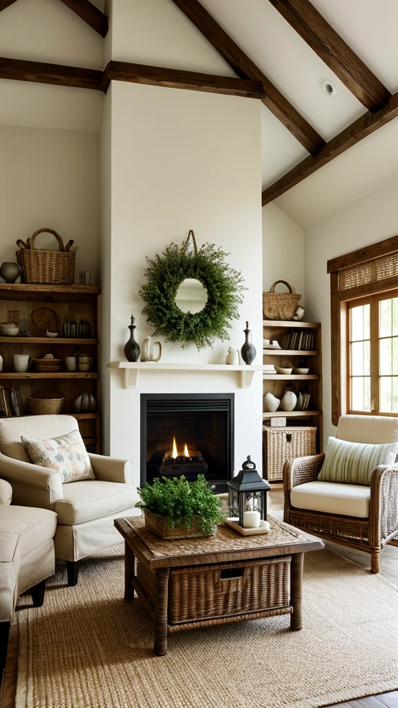 The living room of a country house usually has a cozy and rustic decor.. Here are some common details:
1. **FURNITURE**:
- **Sofas and armchairs**: Comfortable, often upholstered in natural fabrics such as linen or cotton.
- **Coffee table**: Often made of solid wood, with rustic design.
- **Bookcases and cabinets**: made of wood, used to store books, souvenirs and decorative items.
2. **fireplace**: A central element in many country house living rooms, providing warmth and a focal point for decor.
3. **lighting**:
- **Fixtures**: Table lamps and lamps, often in a vintage or rustic style.
- **natural lights**: Large windows to enjoy daylight, often with light curtains.
4. **decoration**:
- **fabrics**: cushions, blankets and rugs in neutral tones or with floral and checkered patterns.
- **natural elements**: Potted plants, fresh flowers, decorative branches.
- **artistry**: Paintings and photographs with natural or rural themes, mirrors with wooden frames.
5. **Decorative objects**:
- **Handcrafted pieces**: Ceramics, wicker baskets, wrought iron objects.
- **Books and magazines**: On shelves or tables, often on gardening themes, cuisine or local history.
6. **Tons e cores**: Generally neutral color palette, with lots of earth tones, soft greens and touches of warm colors.