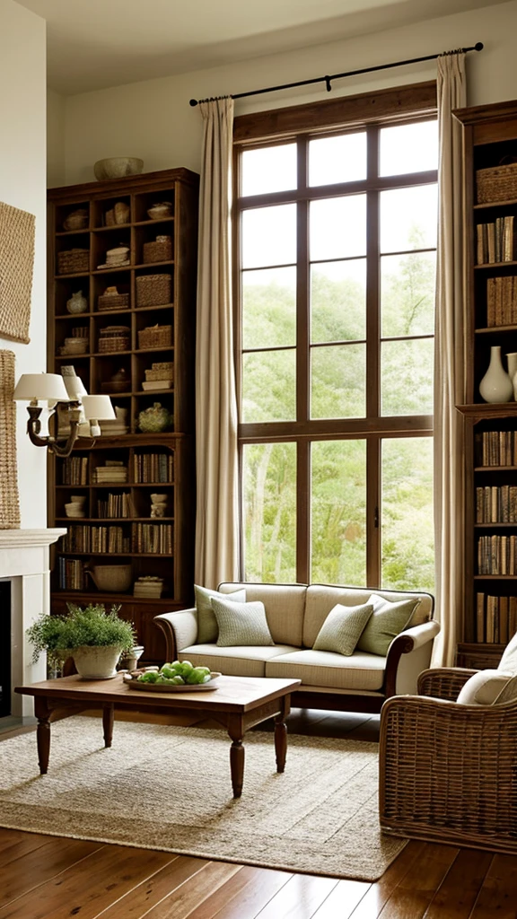 The living room of a country house usually has a cozy and rustic decor.. Here are some common details:
1. **FURNITURE**:
- **Sofas and armchairs**: Comfortable, often upholstered in natural fabrics such as linen or cotton.
- **Coffee table**: Often made of solid wood, with rustic design.
- **Bookcases and cabinets**: made of wood, used to store books, souvenirs and decorative items.
2. **fireplace**: A central element in many country house living rooms, providing warmth and a focal point for decor.
3. **lighting**:
- **Fixtures**: Table lamps and lamps, often in a vintage or rustic style.
- **natural lights**: Large windows to enjoy daylight, often with light curtains.
4. **decoration**:
- **fabrics**: cushions, blankets and rugs in neutral tones or with floral and checkered patterns.
- **natural elements**: Potted plants, fresh flowers, decorative branches.
- **artistry**: Paintings and photographs with natural or rural themes, mirrors with wooden frames.
5. **Decorative objects**:
- **Handcrafted pieces**: Ceramics, wicker baskets, wrought iron objects.
- **Books and magazines**: On shelves or tables, often on gardening themes, cuisine or local history.
6. **Tons e cores**: Generally neutral color palette, with lots of earth tones, soft greens and touches of warm colors.