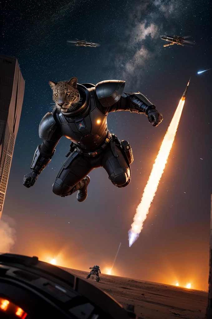 a black battle armored anthro leopard flying with a rocket pack while carrying a rifle to a spaceship while a space battle rages in the background, masterpiece, best, epic space battle, boarding action, photo realistic