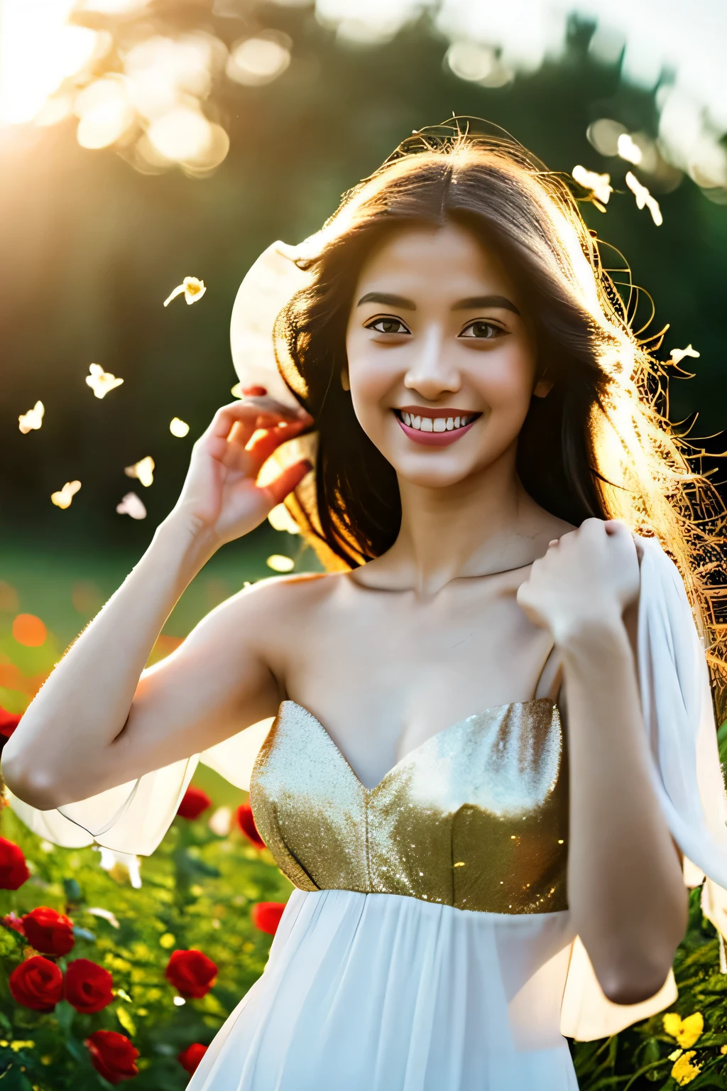 Vista, Panorama, Perspective, Depth of Field, Bust, full Body, Cinematic Angle, Masterpiece, Best Quality, Ultra Detailed, CG, 8K Wallpaper, Beautiful Face, Delicate Eyes, A Maiden, Solo, Smile, Silver Hair, Golden Eyes, Fair Skin, Hair Strands, Red Scarf, White Evening Dress, Rose Field, Red Flowers, Roses, Flower Field, Petals, Flying Petals, Smiling