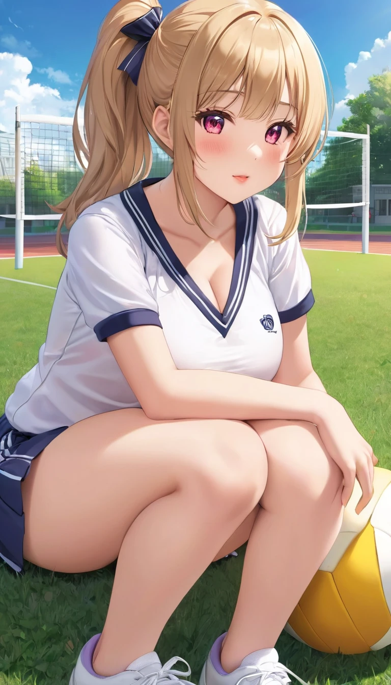 {{{{{16k,Ultra High-resolution realistic photograph of neat virgin -year school girl's in School-designated gym uniform with junior high ribbon as pretty as a actress in Grass schoolyard, She's in the first year of middle sl, but s developed, her cleavage tits are too beautiful, Her bra is showing through under her gym clothes, Aura of being irresistible, but a virgin}}}}},{{Extremely detailed}},{{{{{dye her cheeks flush and integrated her head pure small, thick lips, Enchanting thick gross idol's Lips, She's a volleyball player so she has big boobs}}}}},{{{{{the bang ponytail hair}}}}},{{{{{She get more attractive and smoother her body, her expression and appearance are transformed into that of a pure, Her white tits are so fluffy, and are depicted in great detail, but her sex appeal from her cleavage fills the schoolyard, her bodyline and tits and hips are getting cuter and cuter, She has been reborn as a pretty one-in-a-thousand-year girl with a sparkling aura of cuteness}}}}}