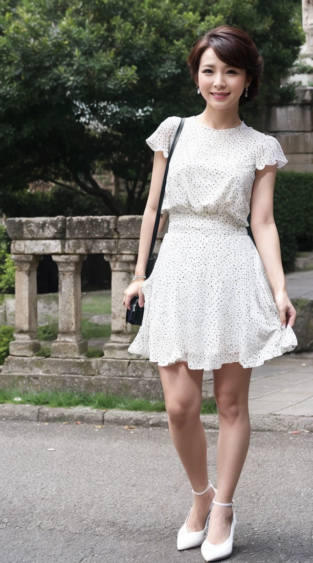become close,Sharp lines,Highest quality, masterpiece、Overnight parking、Dark Light、Canon Photo Crystal Clear ,（Realistically:1.2）, (Colorful polka dot mini skirt dress)、Action pose、Take a full body photo、smile、Gorgeous appearance、Semi-long layer cut、ancient ruins