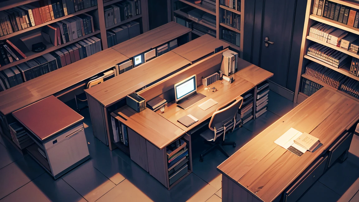 A narrow and dark study、The back wall is completely covered with bookshelves、There is one desk with a PC in the center.、No people、Front horizontal view