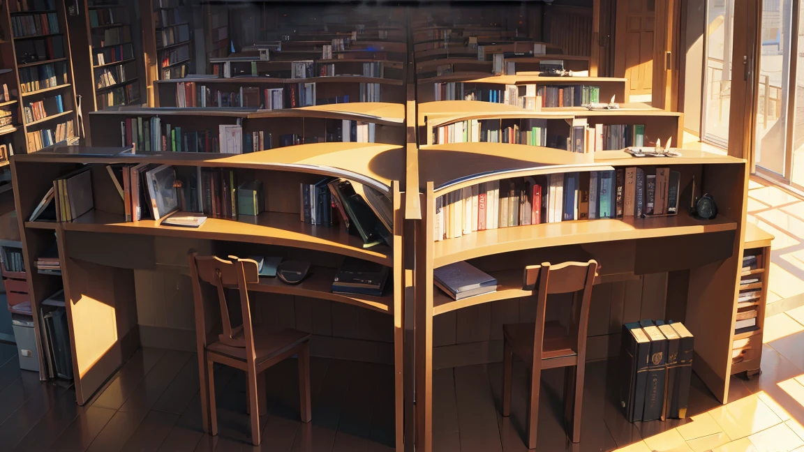 A narrow and dark study、The back wall is completely covered with bookshelves、There is one desk with a PC in the center.、No people、Front horizontal view