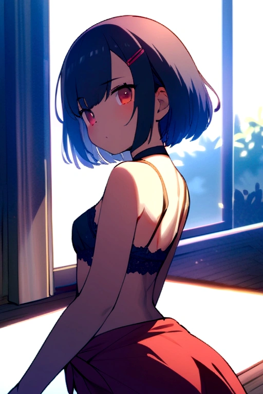 araffe Blanco como la nieve, Blanco como la nieve, estilo moderno de disney, Arco rojo, blue eyes, pelo negro corto, sitting on a windowsill in a black bra and cuffs, envuelto en correas de cuero, Leather cuffs around the wrists, contenido, arneses y ligas, esposado, esposas, dominant pose, pose dominante sexy,