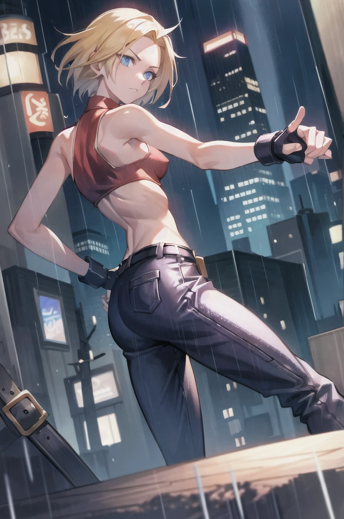 maryms,Best Quality,(beauty),masterpiece, 1girl,phisically-based render ,ultra highres,narrow waist, skinny,big eyes,long legs,(small breasts),puffy eyes, night,(rainy city), shiny skin, facing viewer, fighting stance, (make a fist),firm expression,