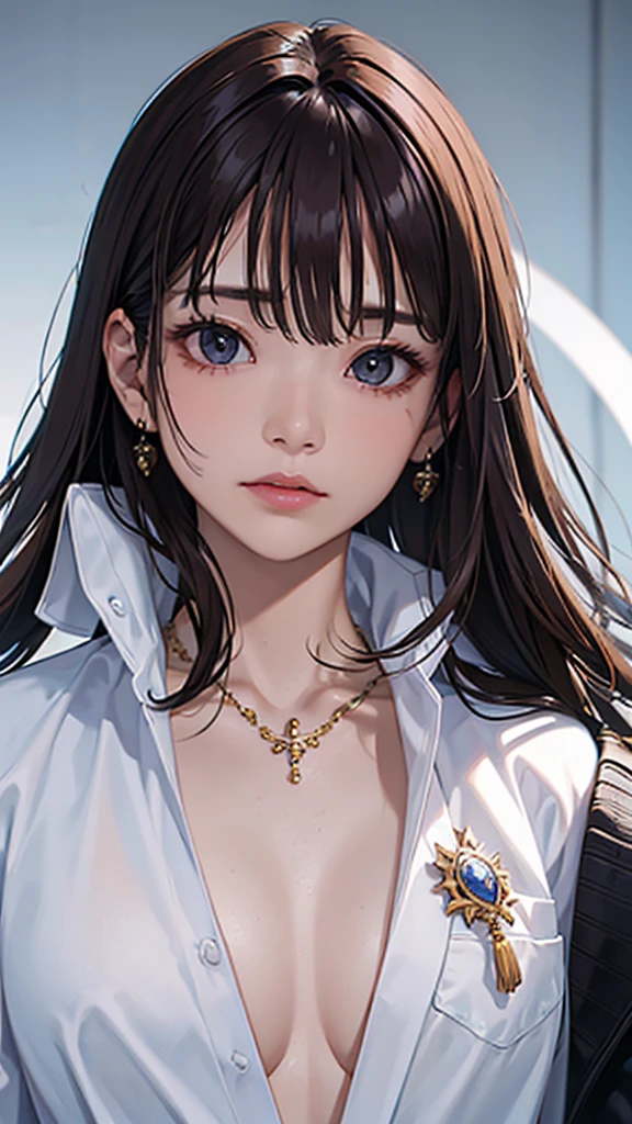 Masterpiece, high resolution, Screenshot, Best Quality, 1 girl, (scar on left eye), short white jacket, Very detailed, rule of thirds, jewelry, wide, hits, hair between the eyes
