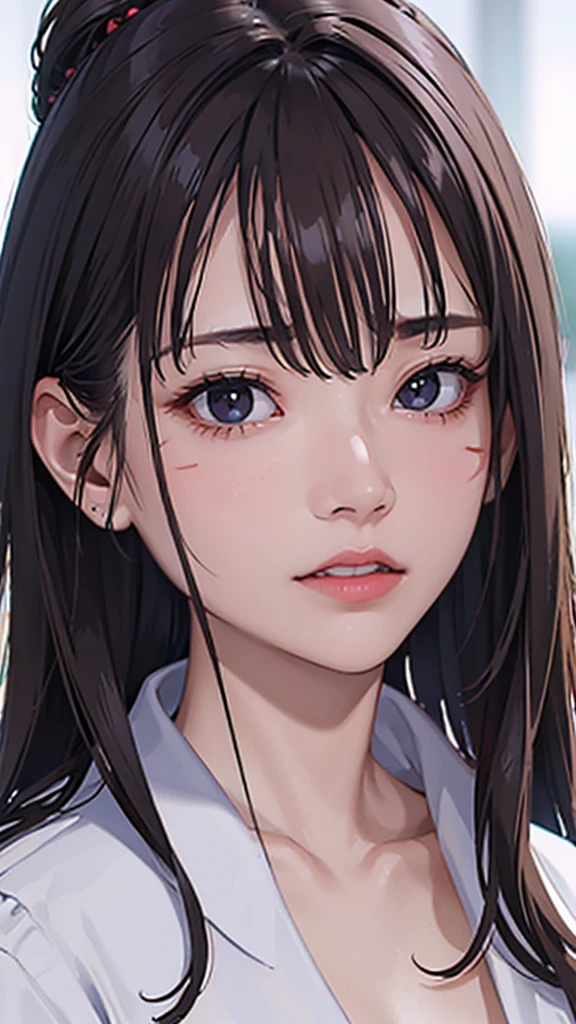 Masterpiece, high resolution, Screenshot, Best Quality, 1 girl, (scar on left eye), short white jacket, Very detailed, rule of thirds, jewelry, wide, hits, hair between the eyes