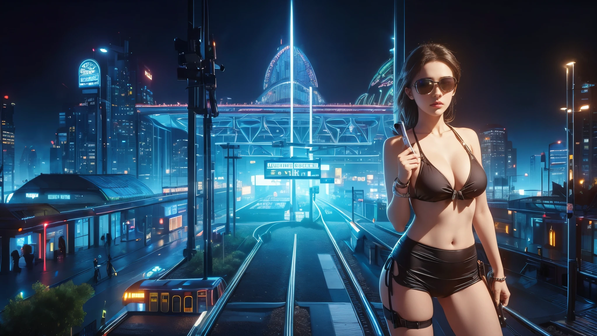 (((a medium-breast bikini slim GIRL with black (micro) sunglasses))), (((((aiming at viewer with a pistol))))), a balcony of a futuristic building, aerial view of an ultra-futuristic megalopolis, metal buildings and houses in dark colors from dark blue to black, shades of metal gray, smoky metal structures, industrial environment with smoke and fog around, dark cars on the streets, desert megalopolis, modern metal rails and trains passing through, tall futuristic metal buildings, ultra modern buildings, (((((railway station))))), realistic, detailed, sci-fi.