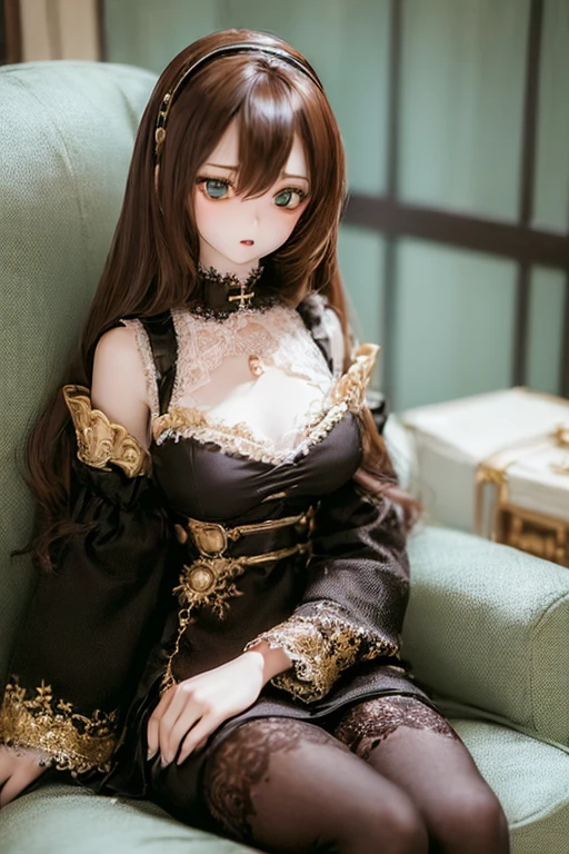 (SFW:2), photorealistic, realistic photo, ((highest quality)), ((masterpiece)), kukolnydom, doll, (mature woman:1.6), solo, ((eye level shot, sitting on sofa, reclining on sofa, skinny, slender, slim, brown hair, parted lips)), hairband, detailed face, green eyes, (looking above:1.3), (eyes out of focus, emotionless eyes, blank stare, empty eyes, detailed eyes, detailed face), dress, castle, 8k