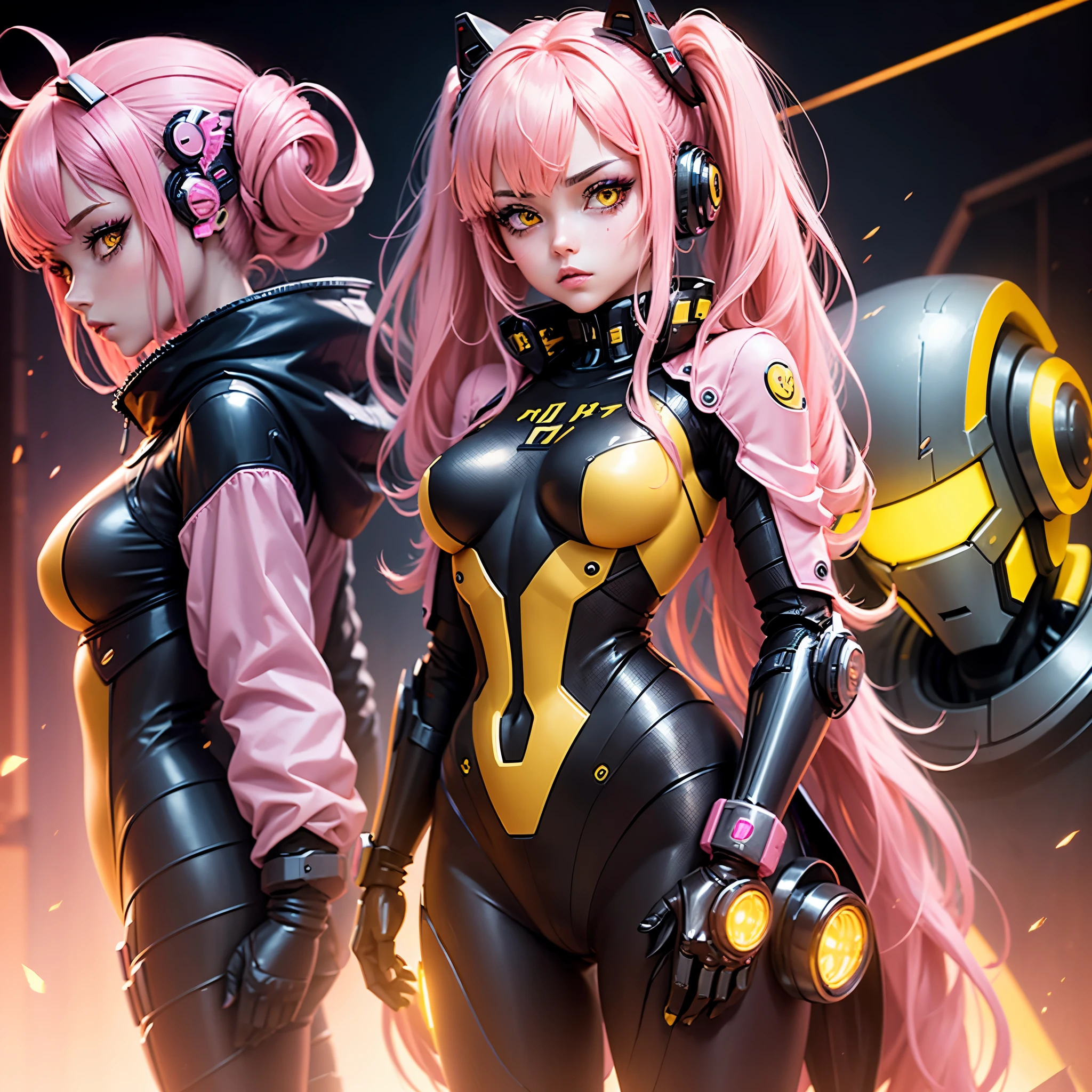 Robot Girl Android Sad Woman Beautiful sexy girl with yellow eyes Cyborg stands half-turn sideways Sadness fur in a pink suit with yellow elements Anime Style black background Cyberpunk on a black background robot costumes with yellow elements pink hair Lower part of the human body skin