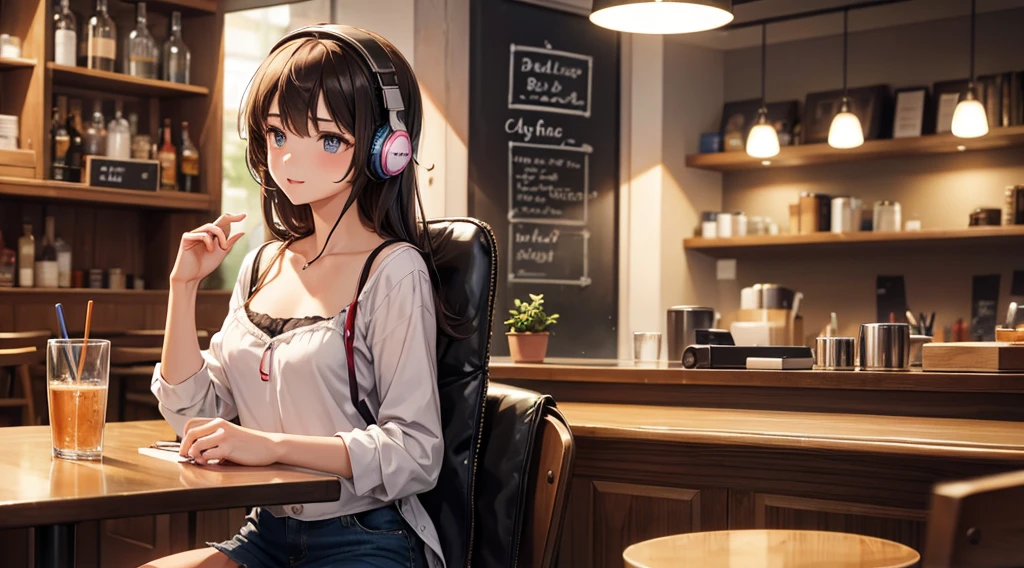 Girl with headphones enjoying music in a cafe I am studying Emphasize a little bit of the chest