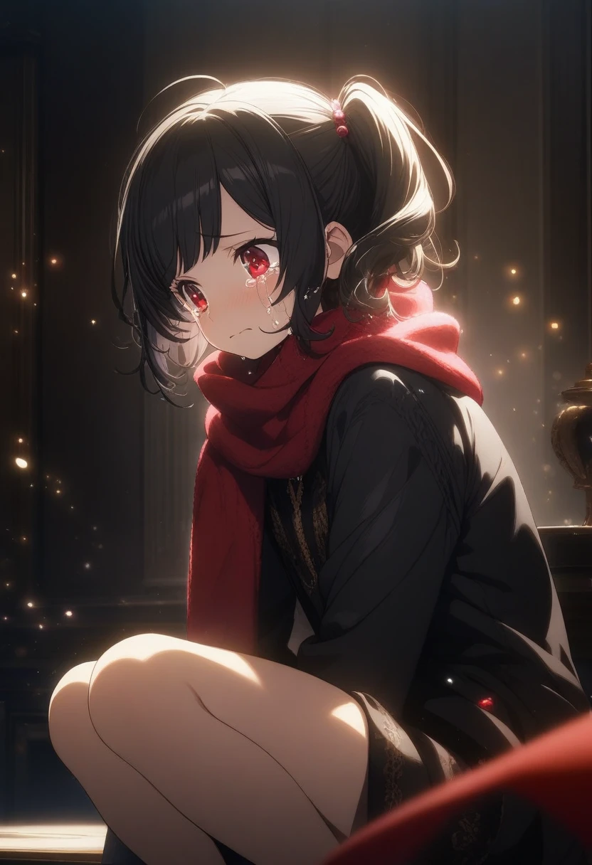 1girl momose \(oqo\), official art, sitting, crying, tears streaming, black coat, red scarf, black hair, side_ponytail, red eyes, (very aesthetic, best quality, ultra detailed), intricate details, highres, indoors, light particles, 
