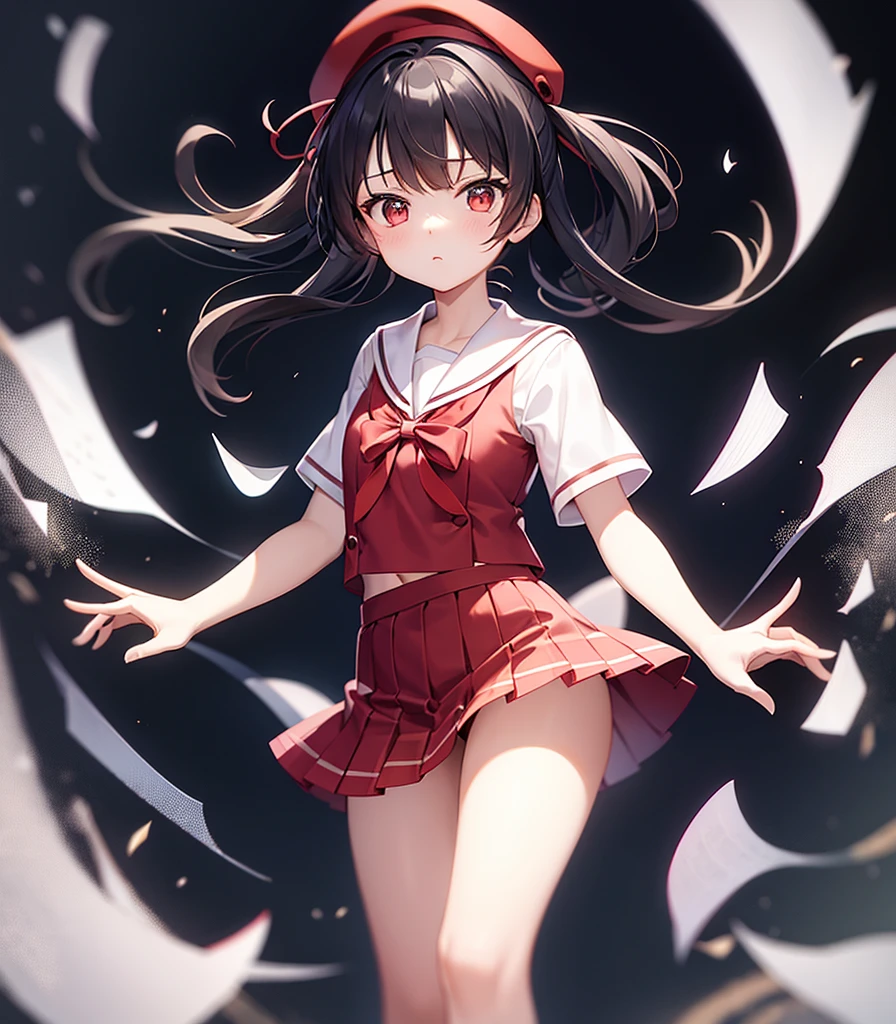 (Sailor suit),Big red ribbon,(((Red checked mini skirt))),beret,,Cute little ,Tiny Lori,Small girl,,Childish face, Very fine clean face,Top quality, Big eyes,Straight Hair,Yellow hair,Crimson Eye,(Dark Room), Subtle light, Natural light,Soft lighting,Light from directly behind, (Are standing), Cute pose, (Open your hands), Showing the whole body,Front view,Black background