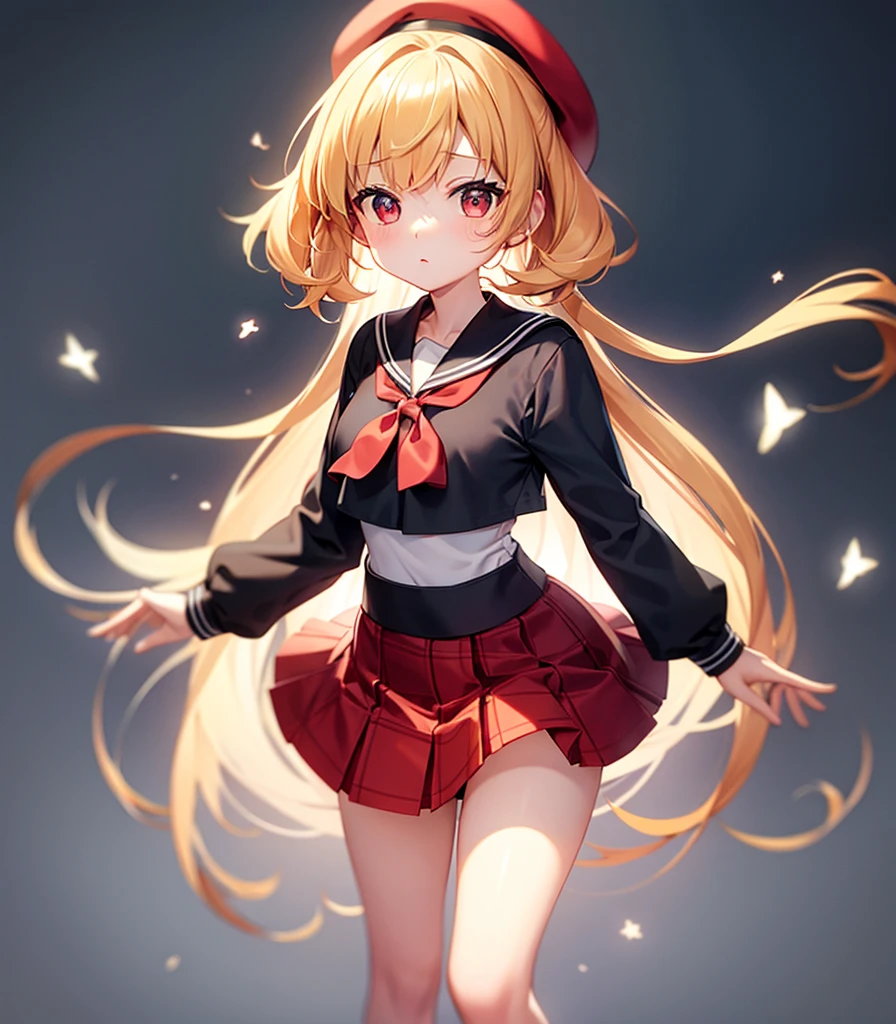 (Sailor suit),Big red ribbon,(((Red checked mini skirt))),beret,,Cute little loli,Tiny Lori,Small girl,,Childish face, Very fine clean face,Top quality, Big eyes,Straight Hair,Yellow hair,Crimson Eye,(Dark Room), Subtle light, Natural light,Soft lighting,Light from directly behind, (Are standing), Cute pose, (Open your hands), Showing the whole body,Front view,Black background