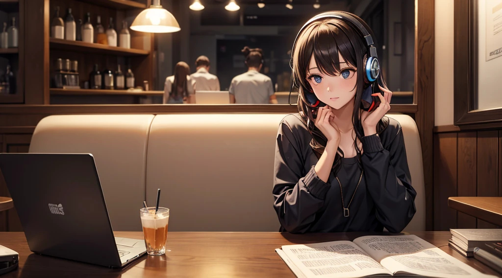 Girl with headphones enjoying music in a cafe I am studying Emphasize a little bit of the chest