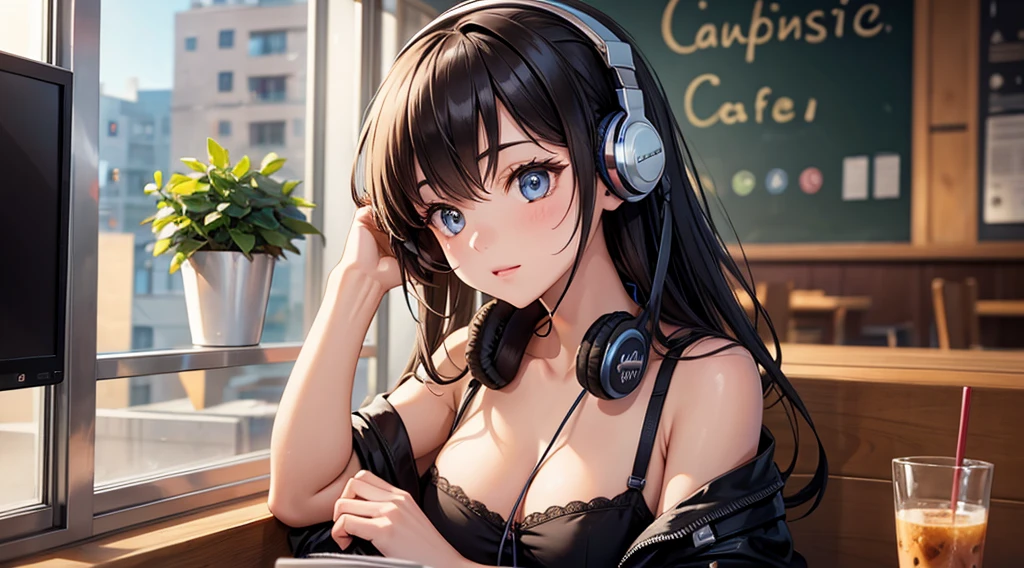 Girl with headphones enjoying music in a cafe　I am studying　Emphasize a little bit of the chest