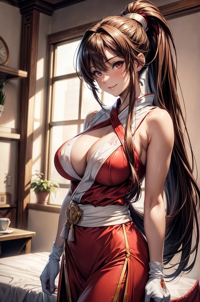 Mai Shiranui, brown eyes, Japanese beauty，Smilelong hair, brown hair, (red clothes:1.3)，super huge breasts， sleeveless, ponytail, sash, pelvic curtain, arm guards, Gloves, or，A plump chest， seductiveexpression, Sexy eyes, huge breasts, Smile, Lovely, view viewer, long hair, (breasts focus:1.2), (actual:1.2), (Panorama: 1.2), (realism), (masterpiece:1.2), (best quality), (Super detailed), (8k, 4K, complex), (85mm), light particles, light, (Very detailed:1.2), (Detailed face:1.2), (Gradient), SFV, rich and colorful, desk lamp，window，(delicate eyes:1.2), (in bedroom: 1.2),(Detailed background), (dynamic angle:1.2), (dynamic poses:1.2), (Line of action:1.2), Wide-angle lens, huge breasts，Big breasts，crowd，A lot of people，crowded
