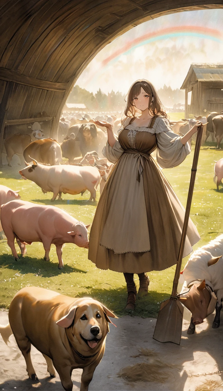 best quality, super fine, 16k, 2.5D, delicate and dynamic depiction, huge beautiful shining rainbow colors fireworks, BREAK, sepia tones, medieval European peasant women, fields, hoes, cows, sheep, pig, chicken, dog, livestock, sheds, prime lenses, lens filters, clear subject, fusion of watercolors and oil paintings, fusion of paper cutting and shadow puppetry