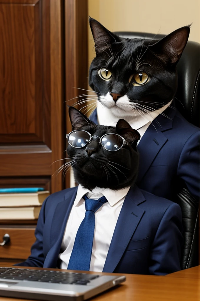 Image of a cat with glasses and a tie sitting with a computer