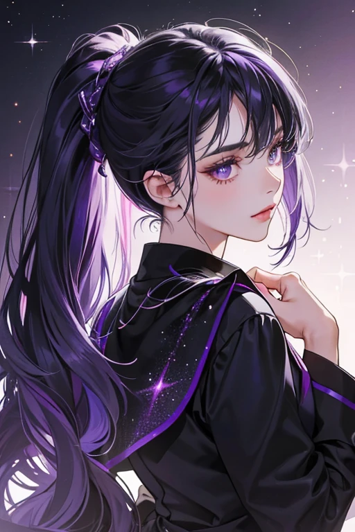 She is a very dark grey and she has indigo eyes. Her hair is pitch black and it is tied into two ponytails. The tip of the ponytails fade into purple. SPARKLE; GLITTER
