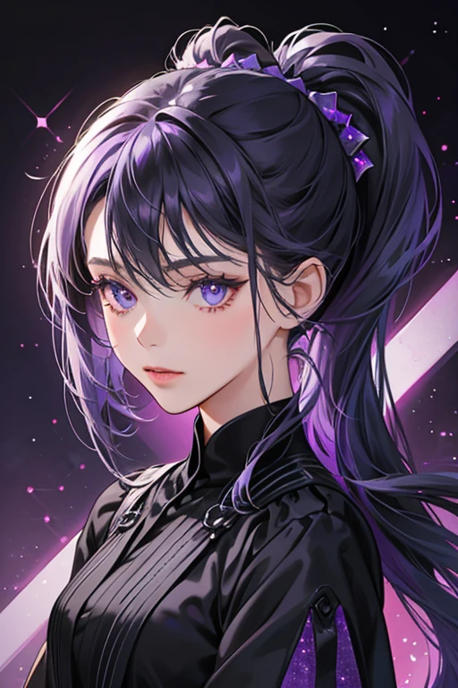 She is a very dark grey and she has indigo eyes. Her hair is pitch black and it is tied into two ponytails. The tip of the ponytails fade into purple. SPARKLE; GLITTER