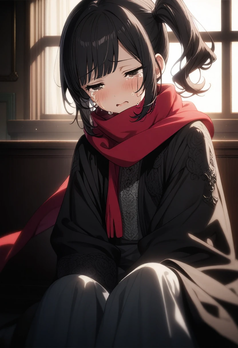 1girl momose \(oqo\), official art, sitting, crying, tears streaming, black coat, red scarf, black hair, side_ponytail, (very aesthetic, best quality, ultra detailed), intricate details, highres