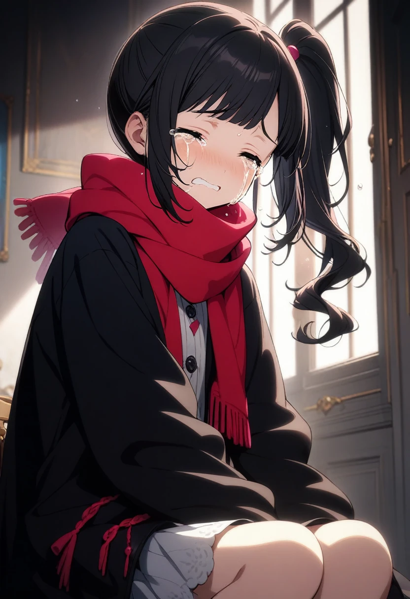 1girl momose \(oqo\), official art, sitting, crying, tears streaming, black coat, red scarf, black hair, side_ponytail, (very aesthetic, best quality, ultra detailed), intricate details, highres